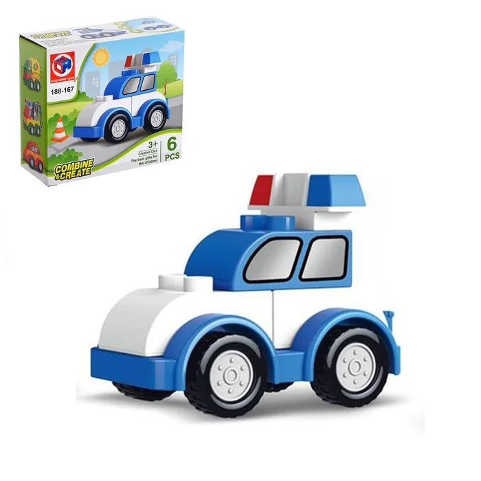 Large Particle Building Blocks Set – Creative City Construction Vehicles (Forklift, Crane, Excavator, Police Car)