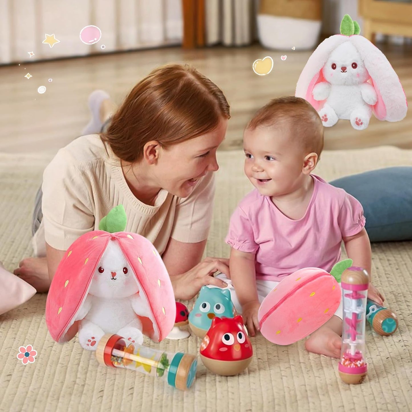 25cm Cute Bunny Plush Toy – Strawberry & Carrot Transform Rabbit Stuffed Animal Doll, Soft Cuddly Bunny for Kids Birthday Gift"