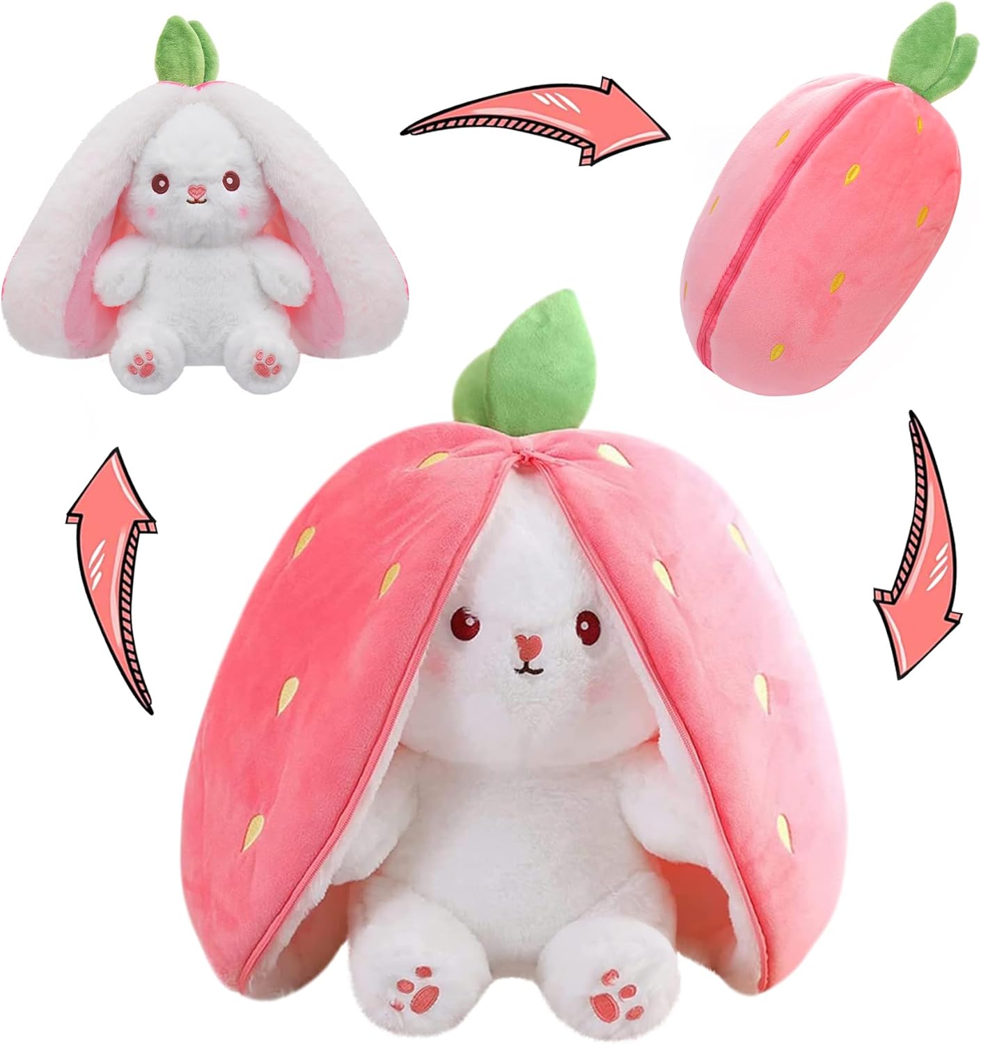 25cm Cute Bunny Plush Toy – Strawberry & Carrot Transform Rabbit Stuffed Animal Doll, Soft Cuddly Bunny for Kids Birthday Gift"