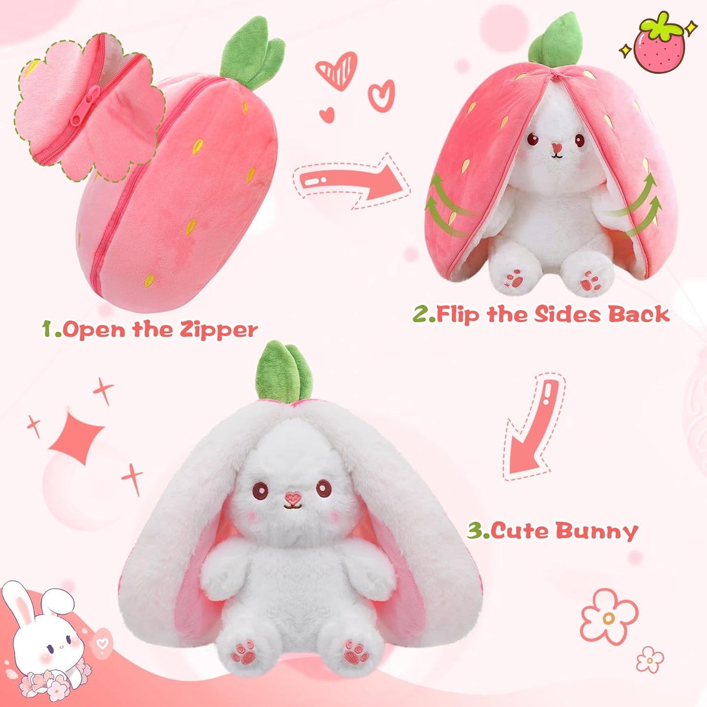 25cm Cute Bunny Plush Toy – Strawberry & Carrot Transform Rabbit Stuffed Animal Doll, Soft Cuddly Bunny for Kids Birthday Gift"