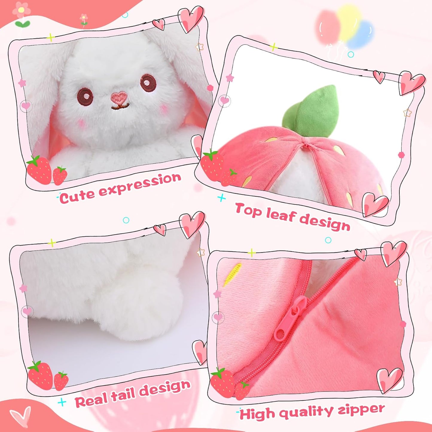25cm Cute Bunny Plush Toy – Strawberry & Carrot Transform Rabbit Stuffed Animal Doll, Soft Cuddly Bunny for Kids Birthday Gift"