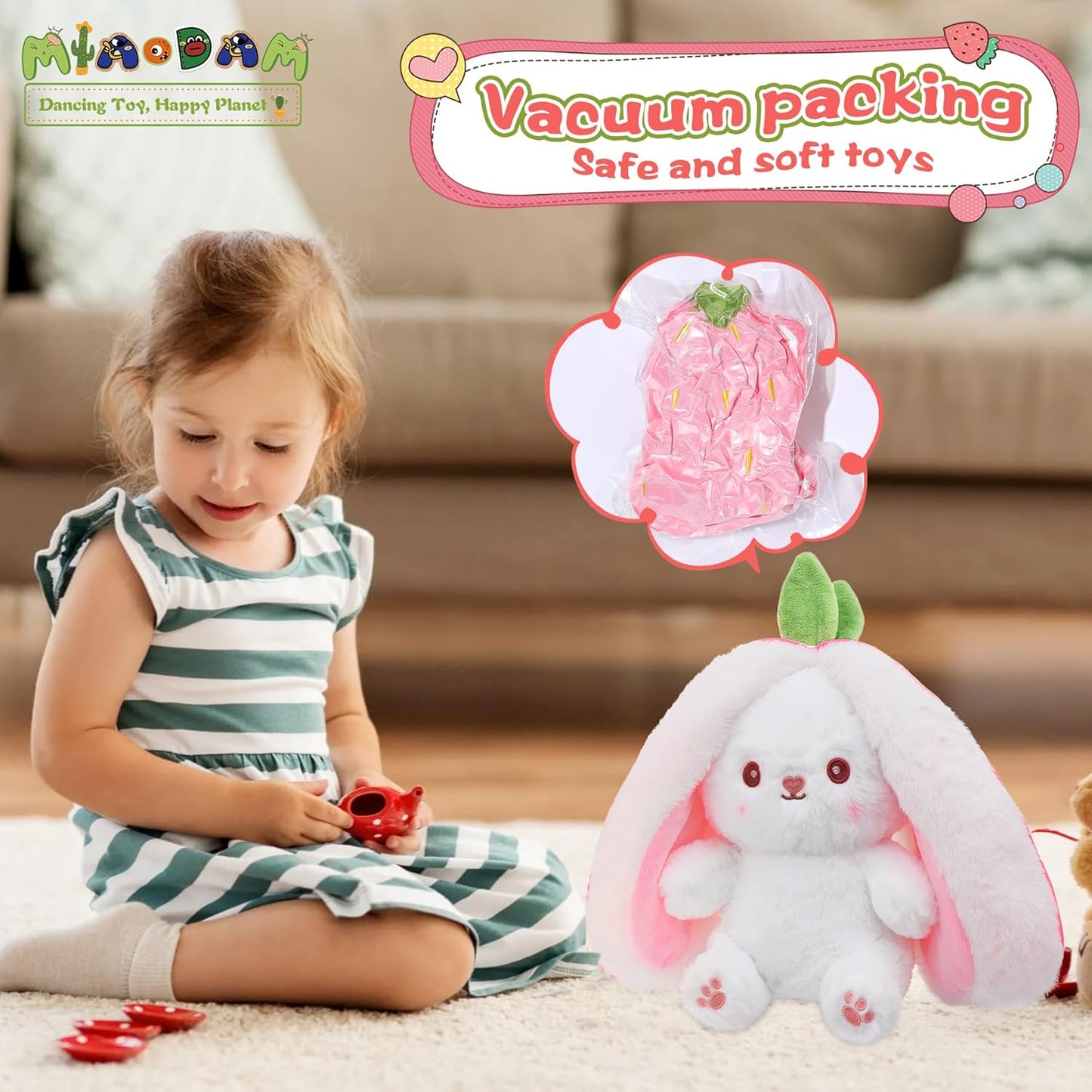25cm Cute Bunny Plush Toy – Strawberry & Carrot Transform Rabbit Stuffed Animal Doll, Soft Cuddly Bunny for Kids Birthday Gift"