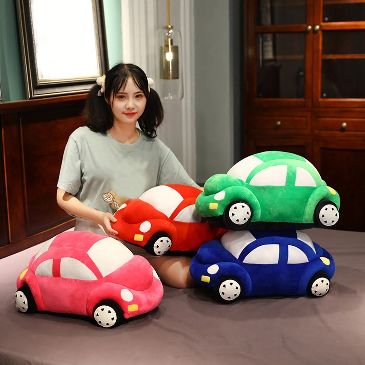 35CM Simulation Car Plush Toy – Soft Stuffed Vehicle with Headlights & Wheels, Multi-Color Plush Car Doll Gift for Boys & Kids