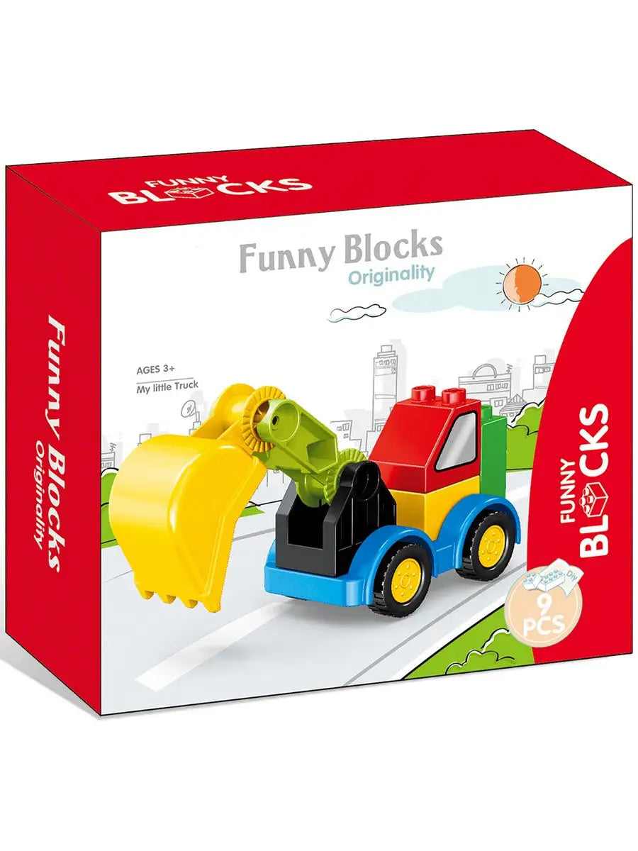 Large Particle Building Blocks Construction Vehicle Set – DIY City Forklift, Crane, Excavator & Police Car Toys for Kids, Educational STEM Bricks Gift
