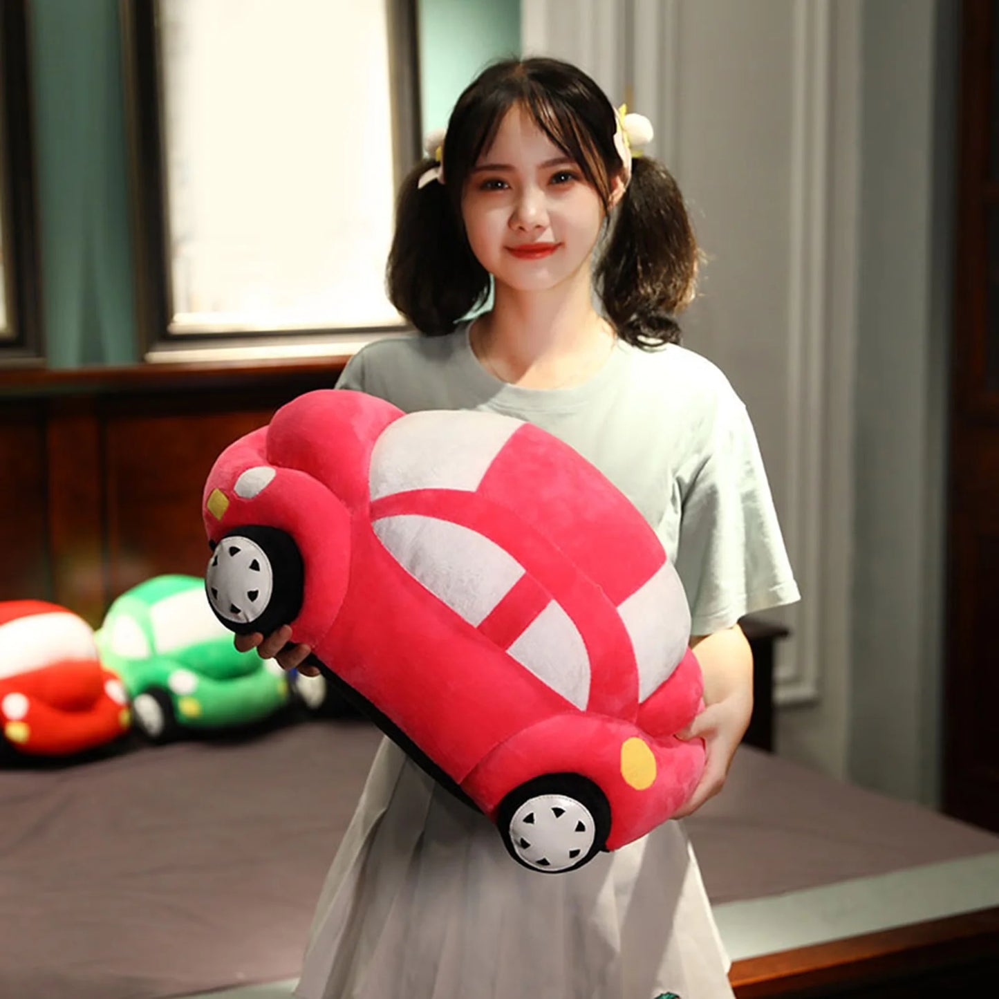 35CM Simulation Car Plush Toy – Soft Stuffed Vehicle with Headlights & Wheels, Multi-Color Plush Car Doll Gift for Boys & Kids