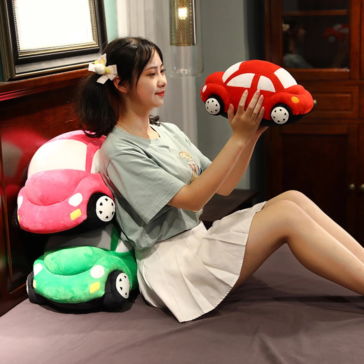 35CM Simulation Car Plush Toy – Soft Stuffed Vehicle with Headlights & Wheels, Multi-Color Plush Car Doll Gift for Boys & Kids